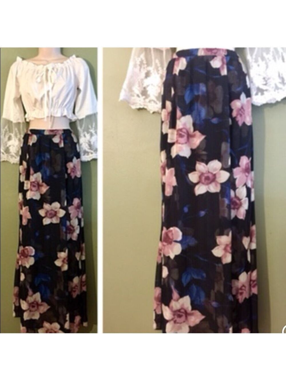 Floral Sheer Black Maxi Skirt with Side Slit - Picture 5 of 7